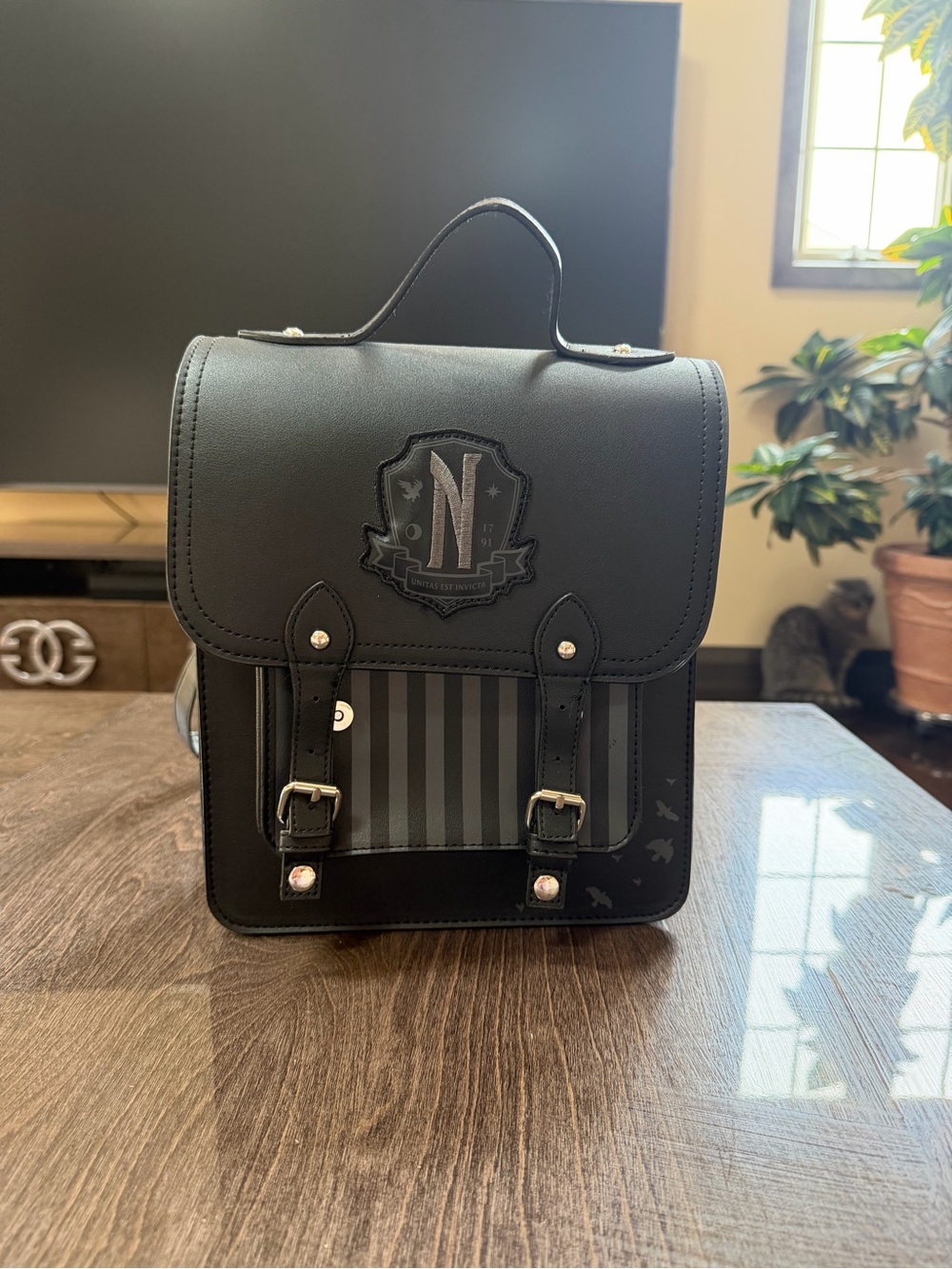 Kids Black Satchel Backpack with Crest Accent